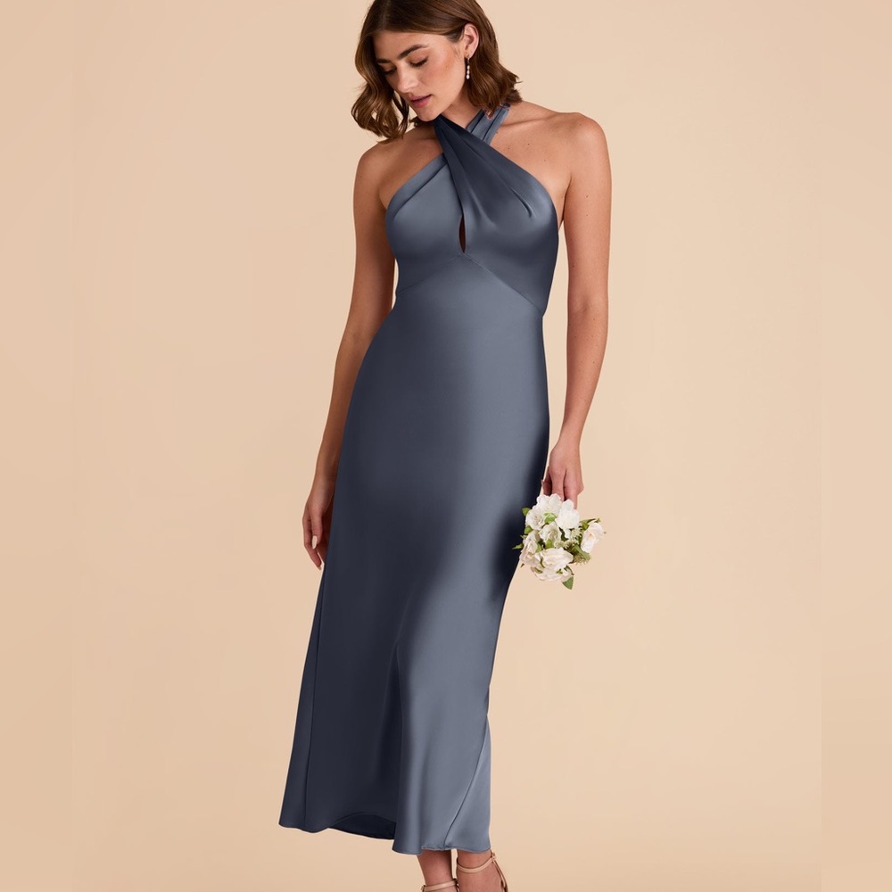 Birdy Grey Monique Dress Matte Satin Dusk Blue, sz Large unaltered (Halter Neck)